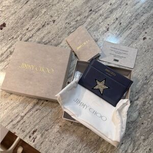 Jimmy Choo leather printed glitter star card holder wallet in blue